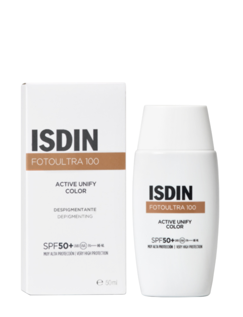 کرم ضد افتاب ضد لک ایزدین فتو اولترا  رنگی اکتیو یونیفای ISDIN FotoUltra 100 Active Unify Color Fusion Fluid SPF50